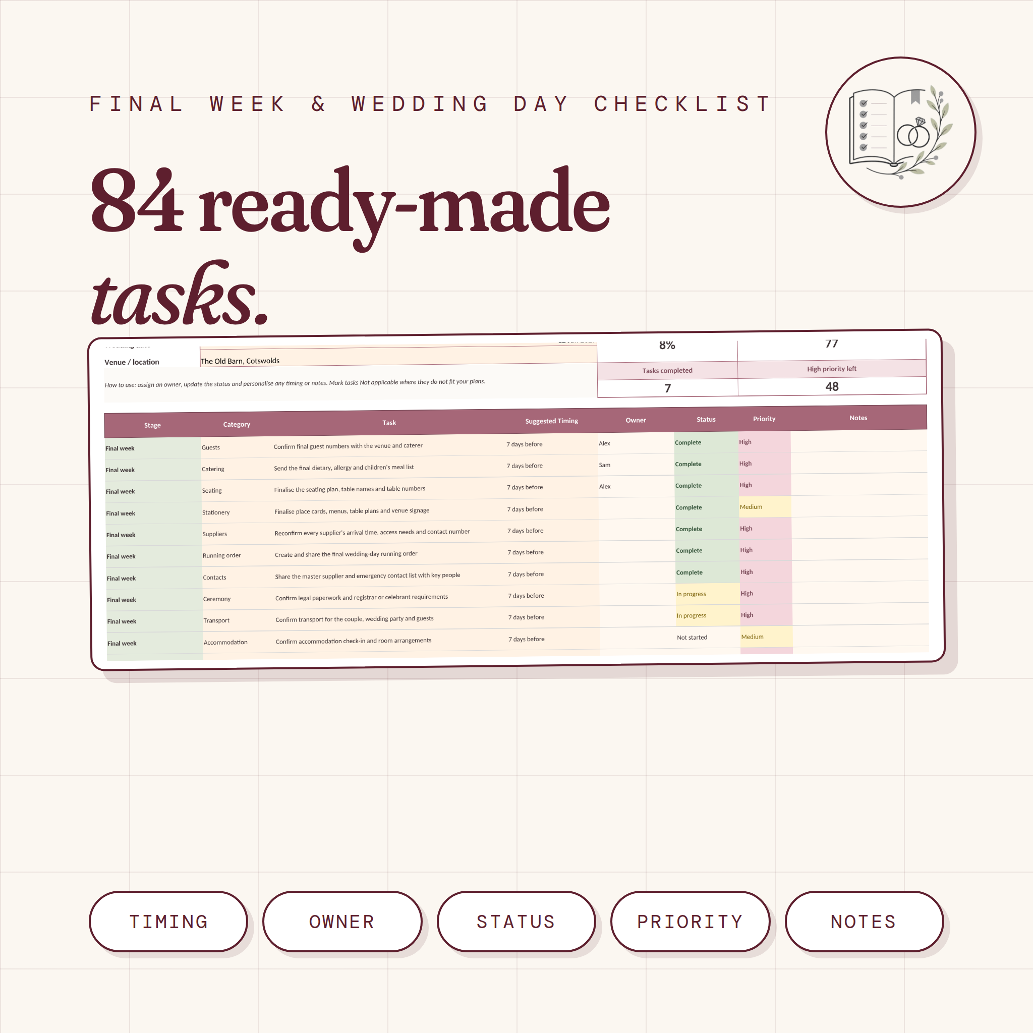 Final Week & Wedding Day Checklist | Editable Excel & Printable PDF