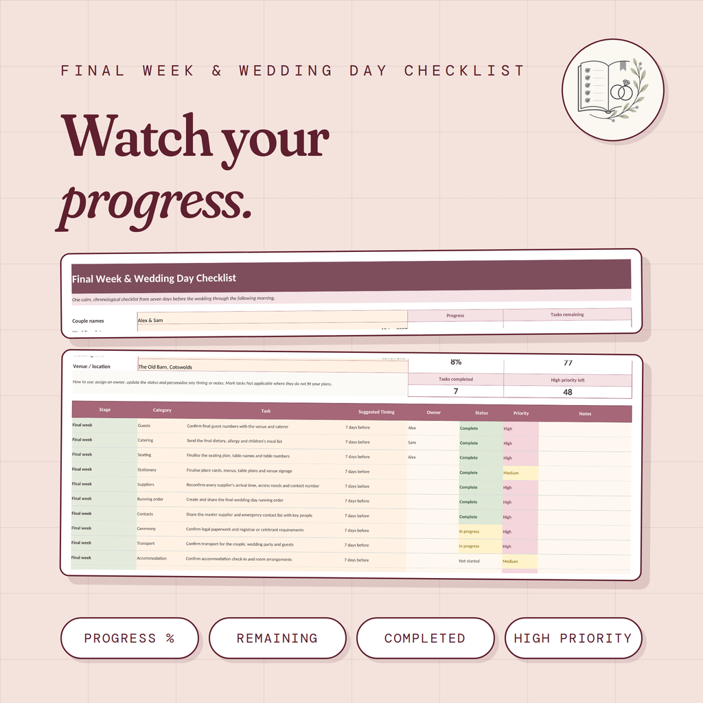 Final Week & Wedding Day Checklist | Editable Excel & Printable PDF