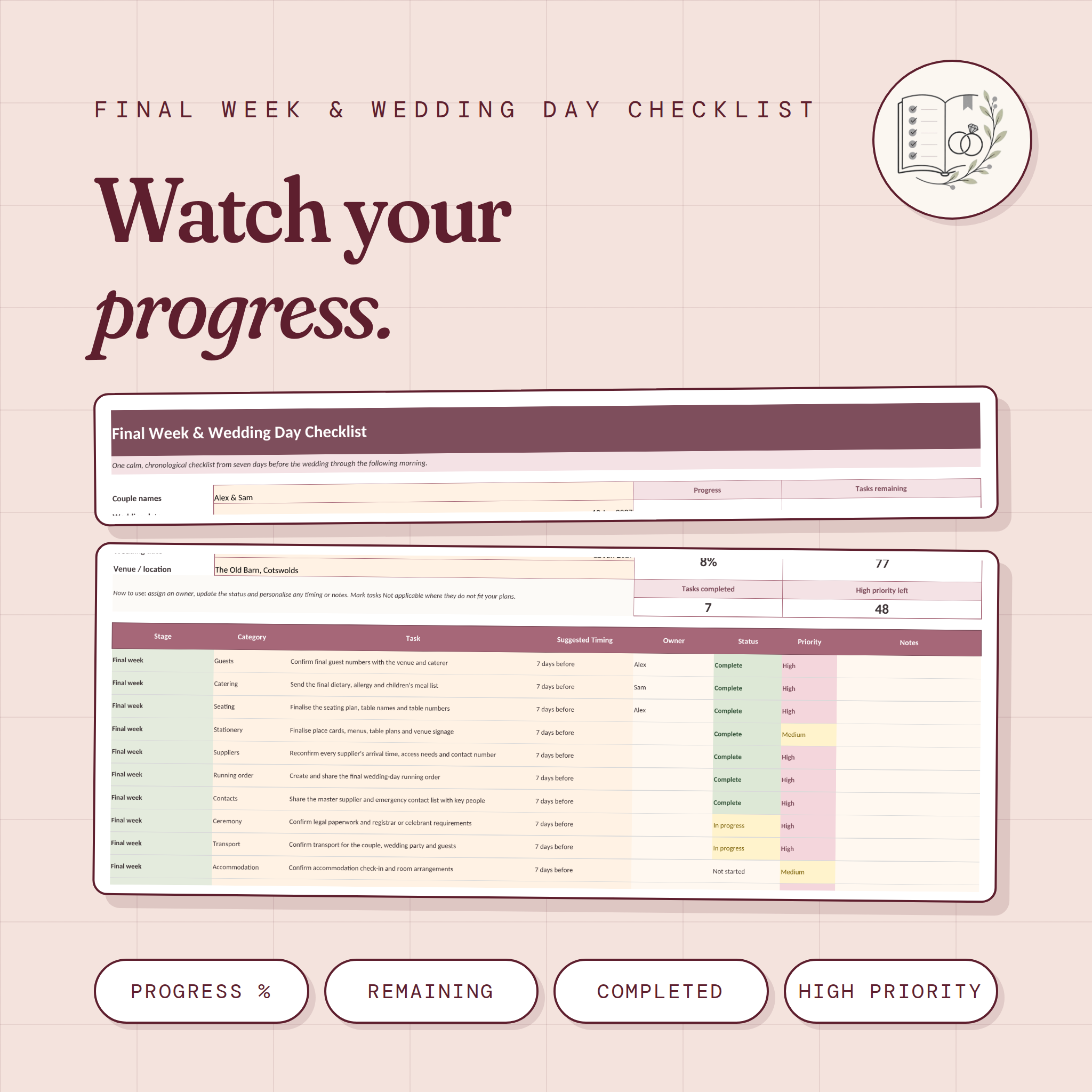 Final Week & Wedding Day Checklist | Editable Excel & Printable PDF