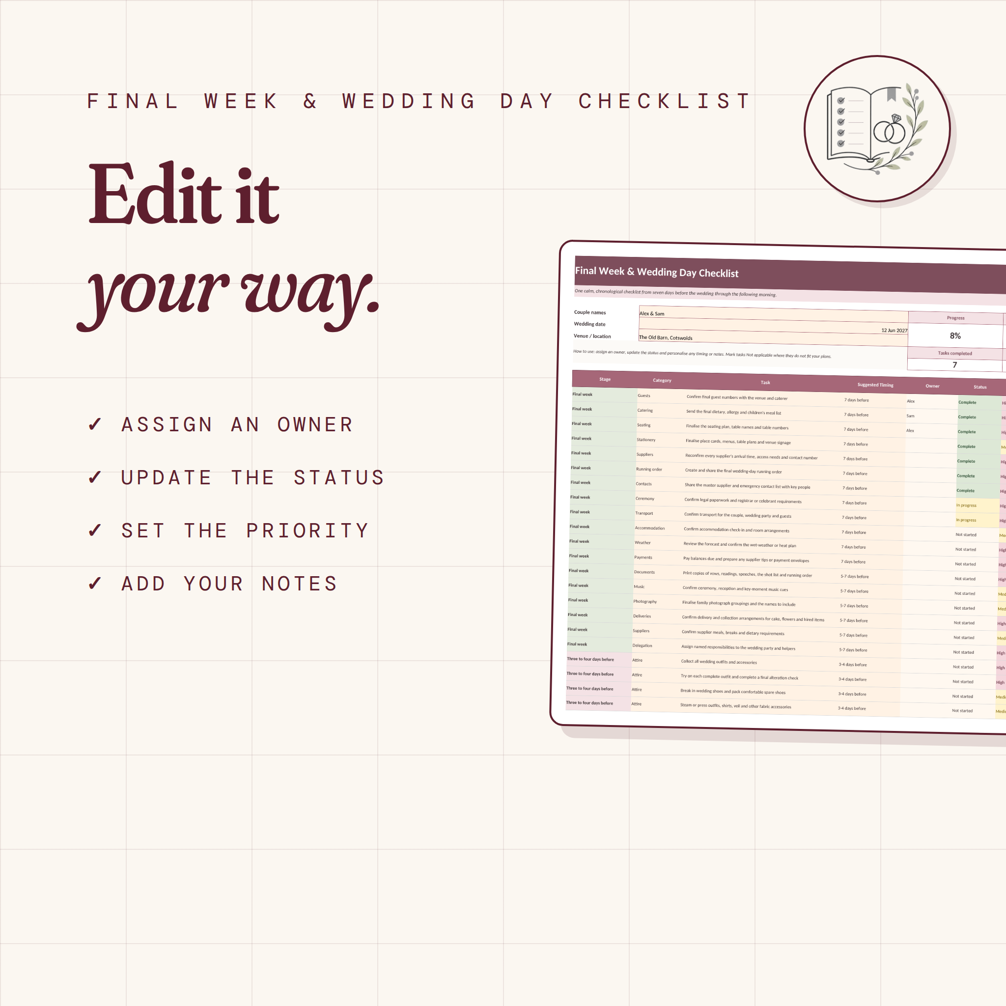 Final Week & Wedding Day Checklist | Editable Excel & Printable PDF