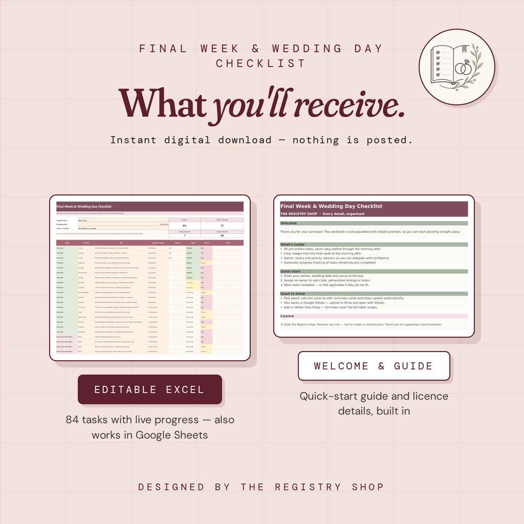 Final Week & Wedding Day Checklist | Editable Excel & Printable PDF
