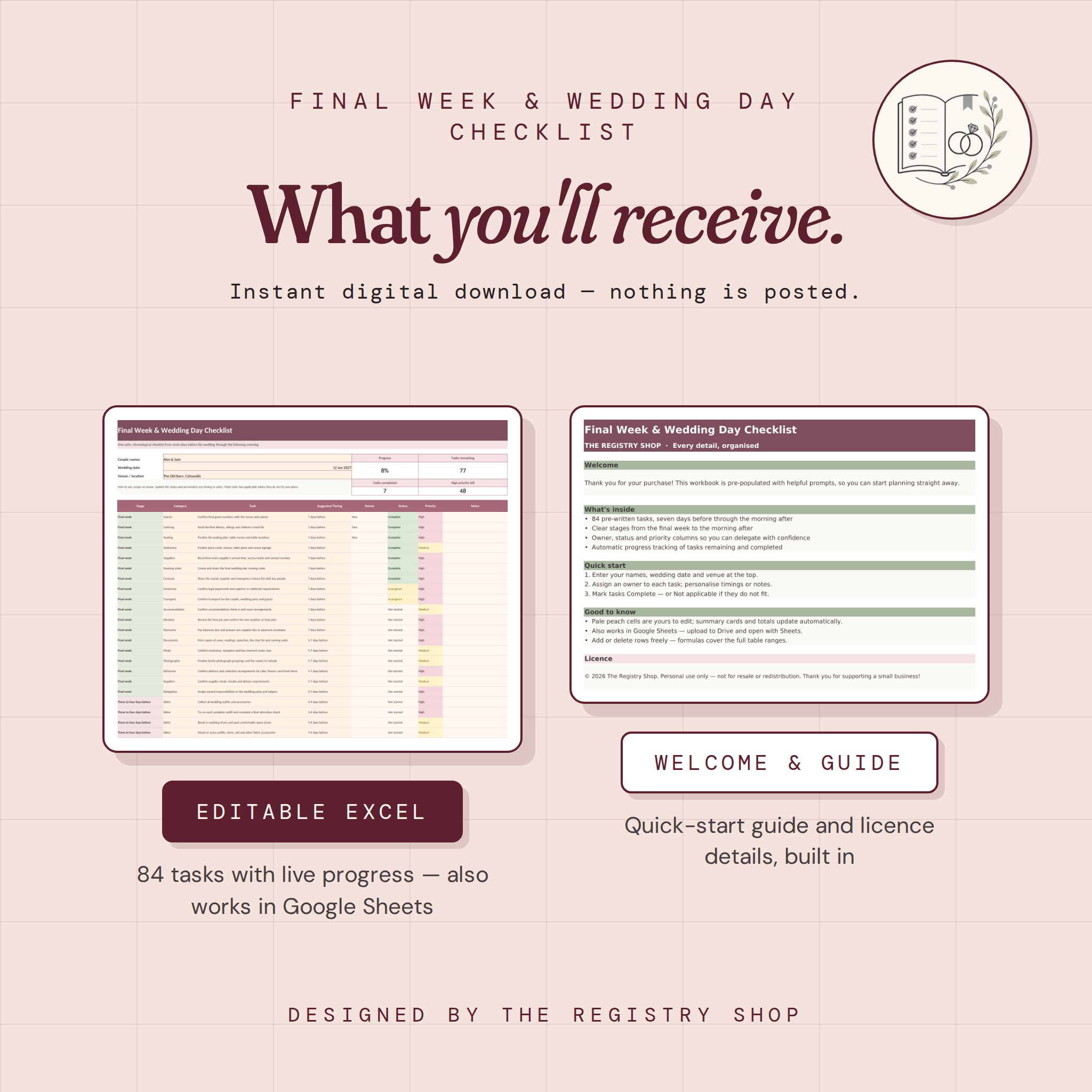 Final Week & Wedding Day Checklist | Editable Excel & Printable PDF