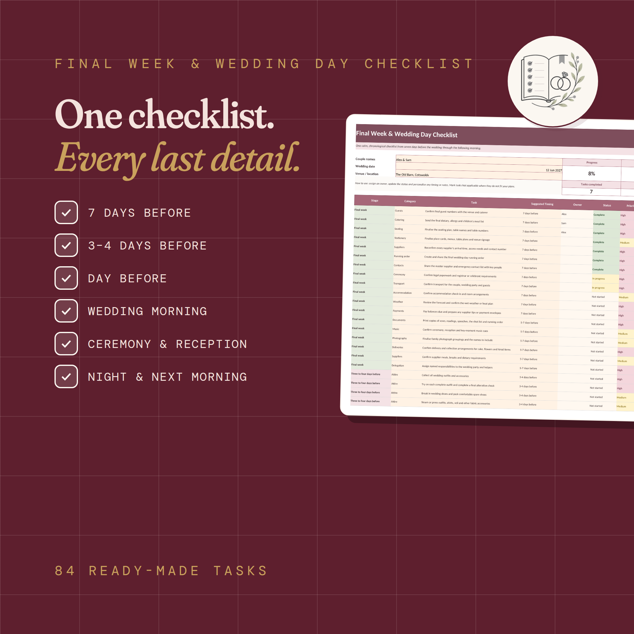 Final Week & Wedding Day Checklist | Editable Excel & Printable PDF