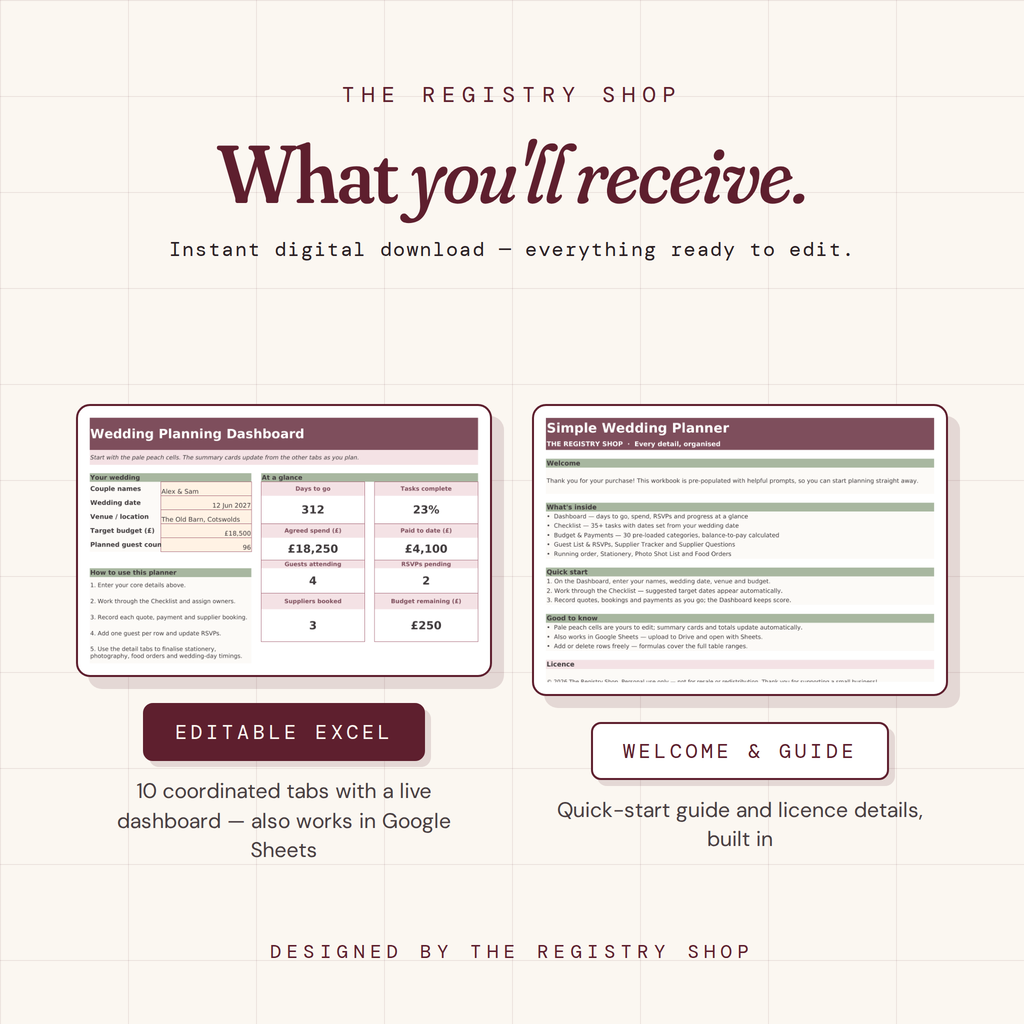 Simple Wedding Planner Spreadsheet | Editable Excel & Printable PDF