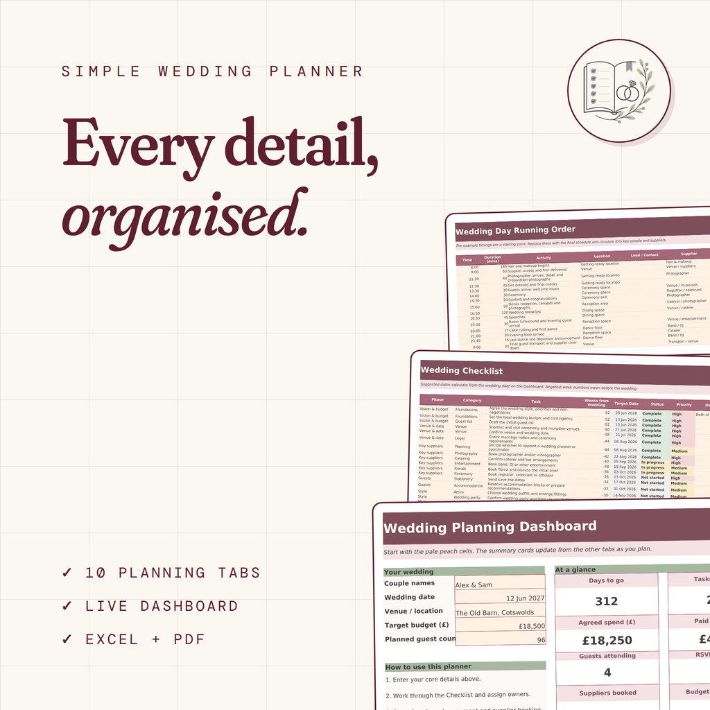 Simple Wedding Planner Spreadsheet | Editable Excel & Printable PDF