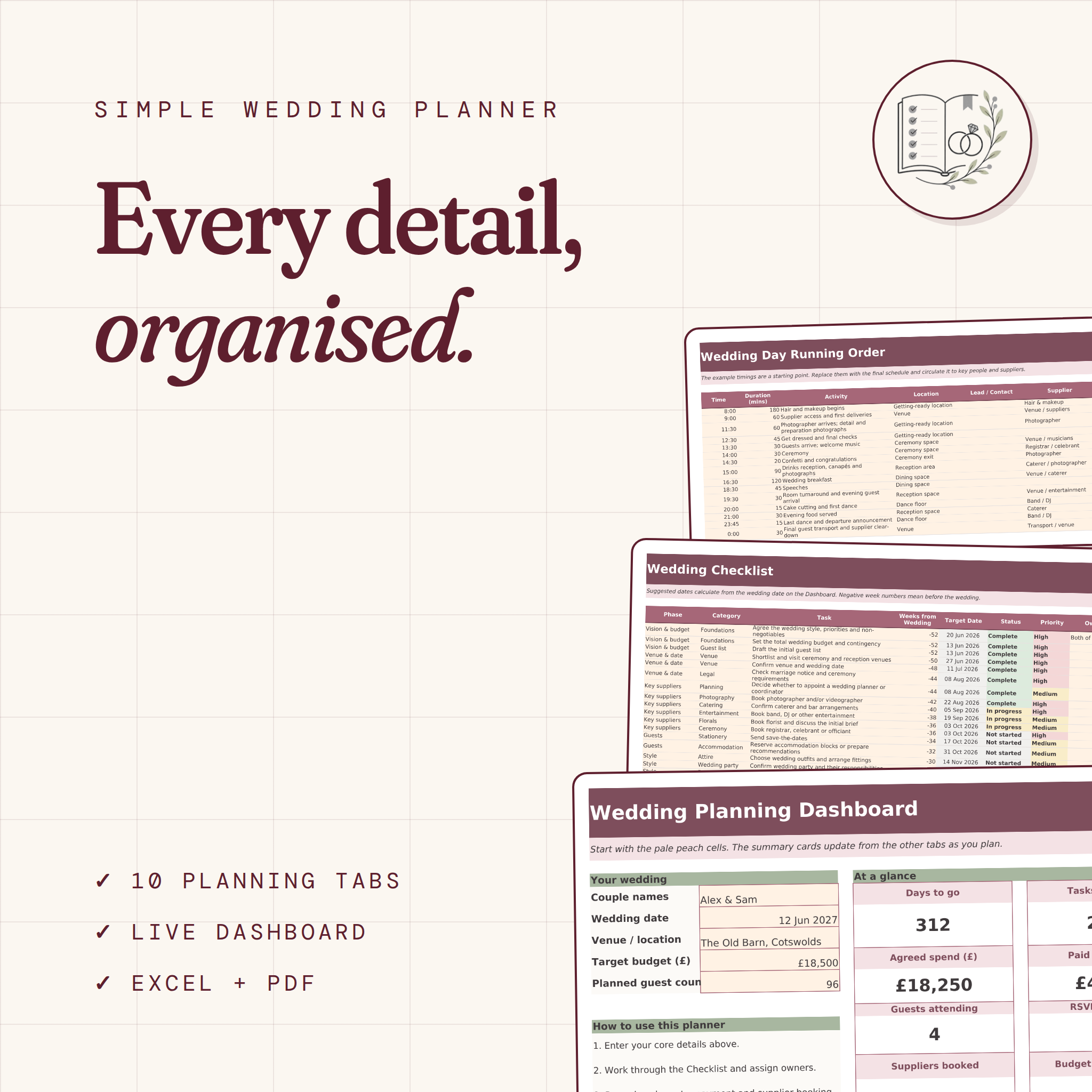 Simple Wedding Planner Spreadsheet | Editable Excel & Printable PDF