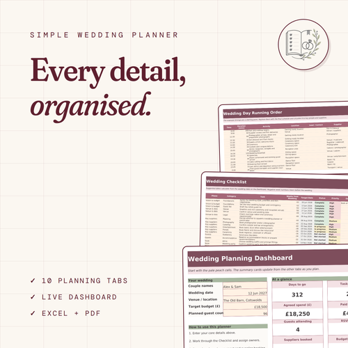 Simple Wedding Planner Spreadsheet | Editable Excel & Printable PDF