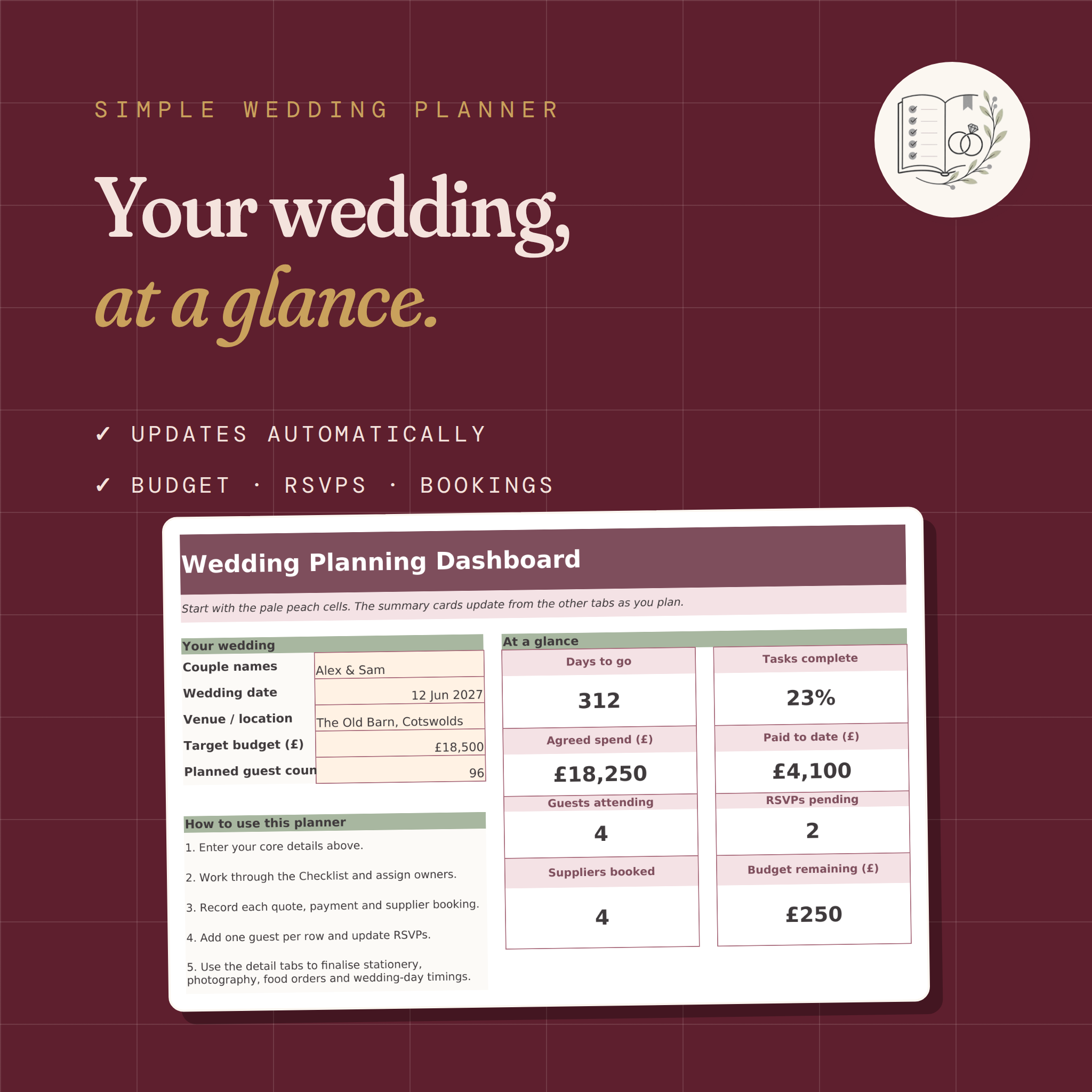 Simple Wedding Planner Spreadsheet | Editable Excel & Printable PDF