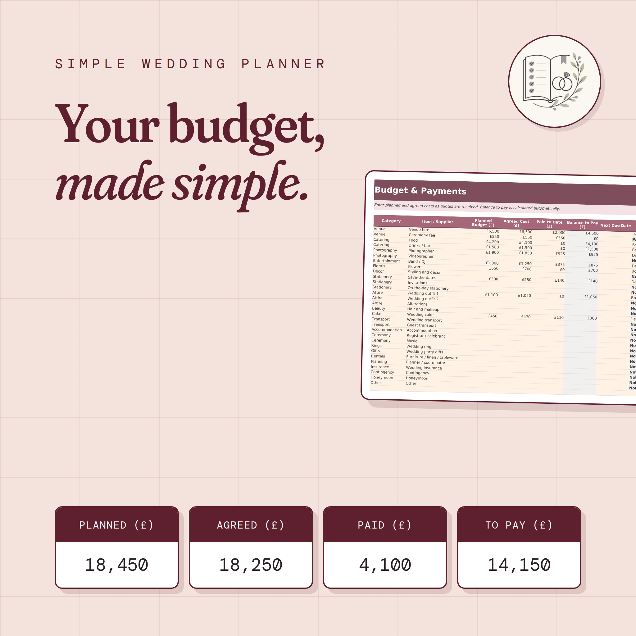 Simple Wedding Planner Spreadsheet | Editable Excel & Printable PDF