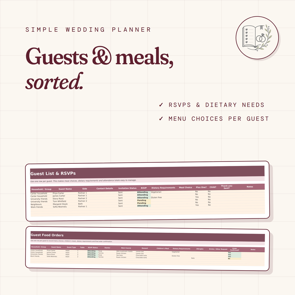 Simple Wedding Planner Spreadsheet | Editable Excel & Printable PDF