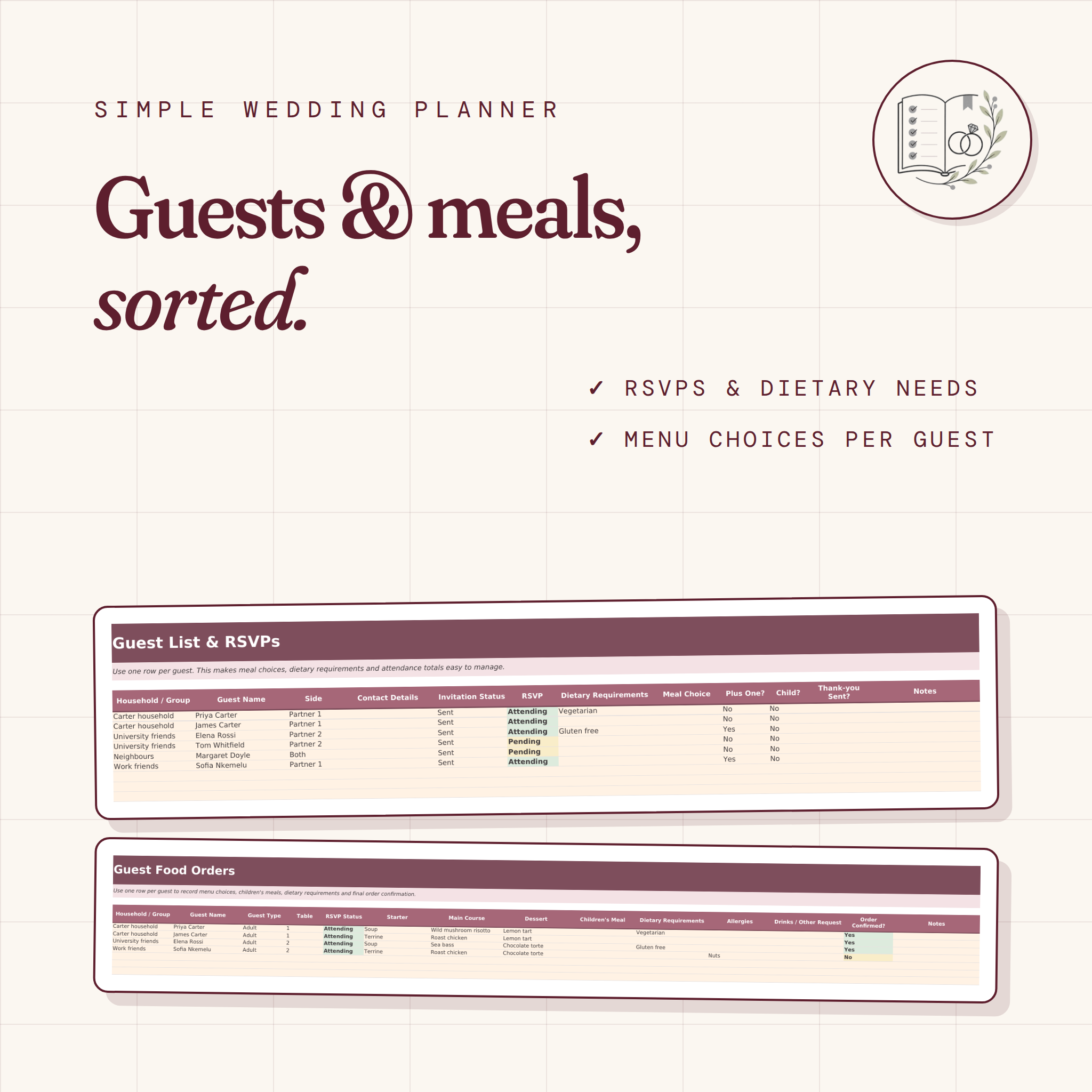Simple Wedding Planner Spreadsheet | Editable Excel & Printable PDF