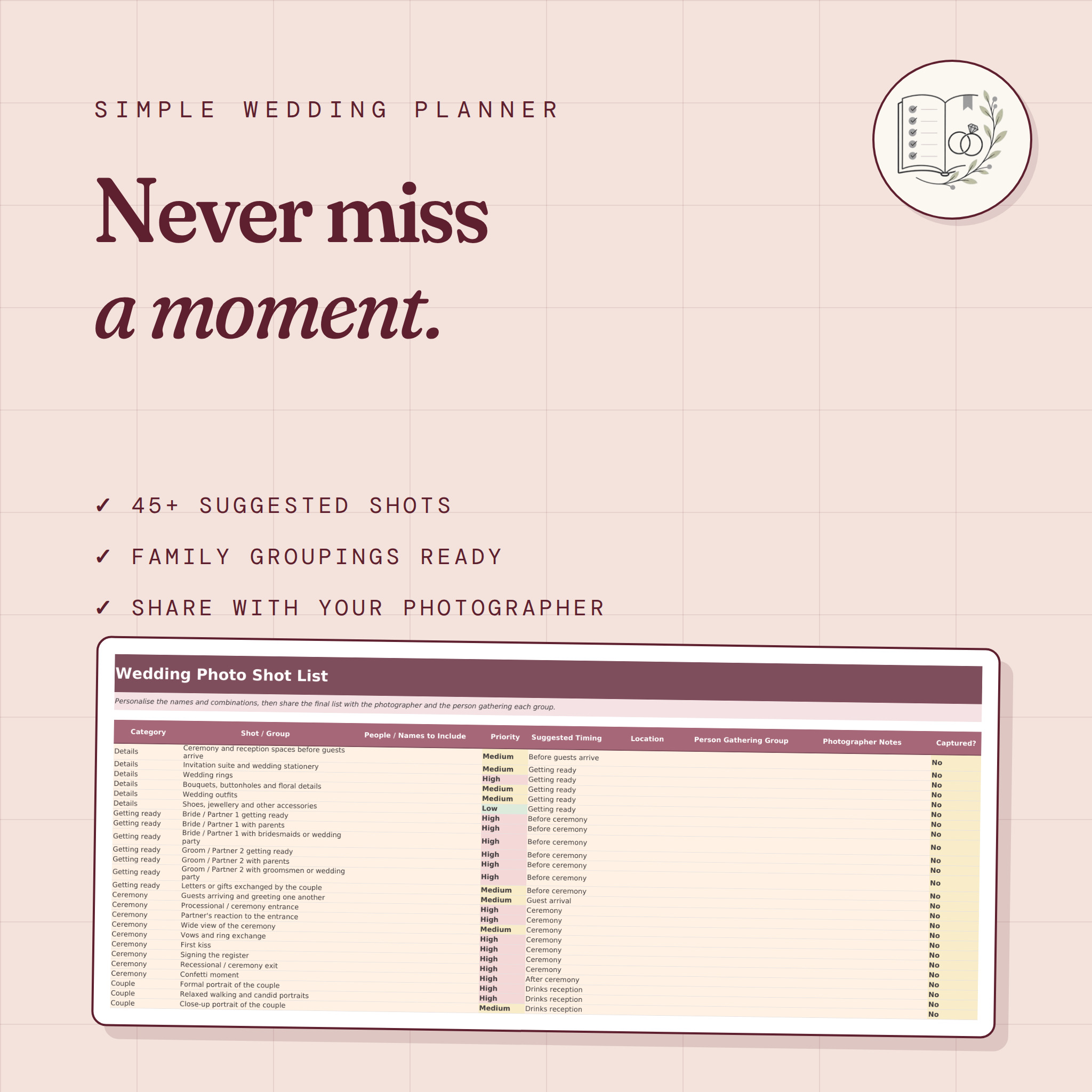 Simple Wedding Planner Spreadsheet | Editable Excel & Printable PDF