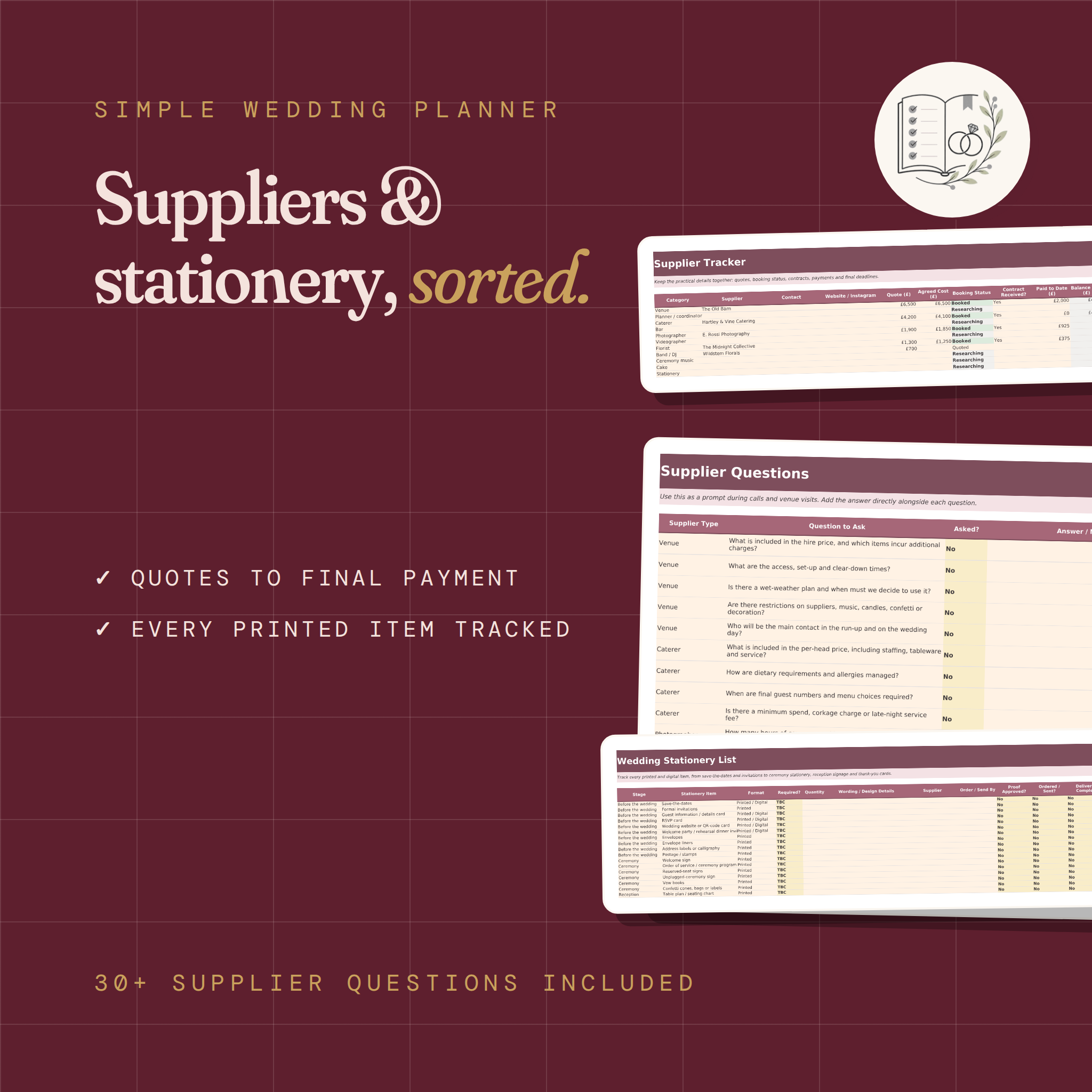 Simple Wedding Planner Spreadsheet | Editable Excel & Printable PDF